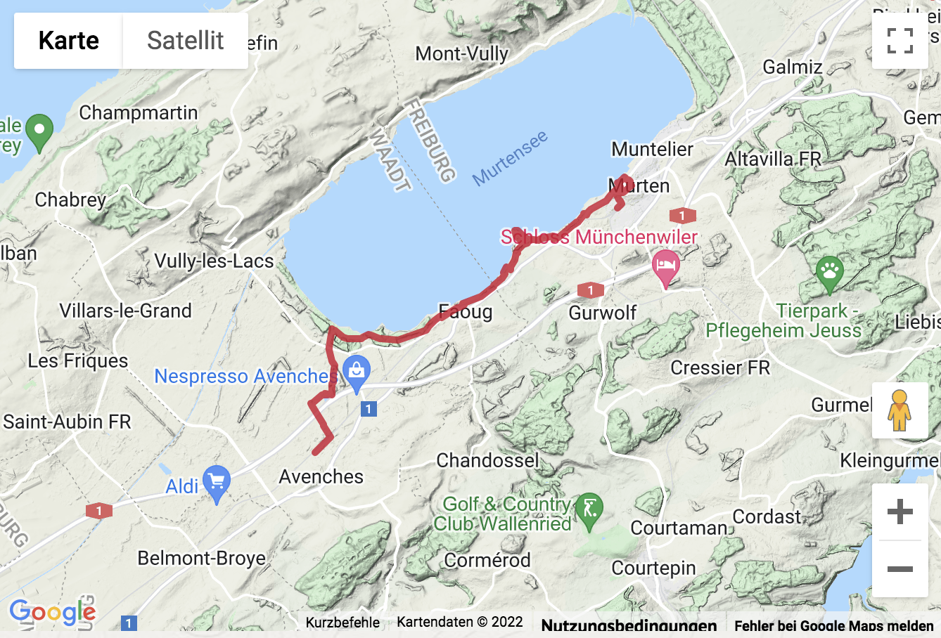 Carte de situation Wanderung von Avenches nach Murten