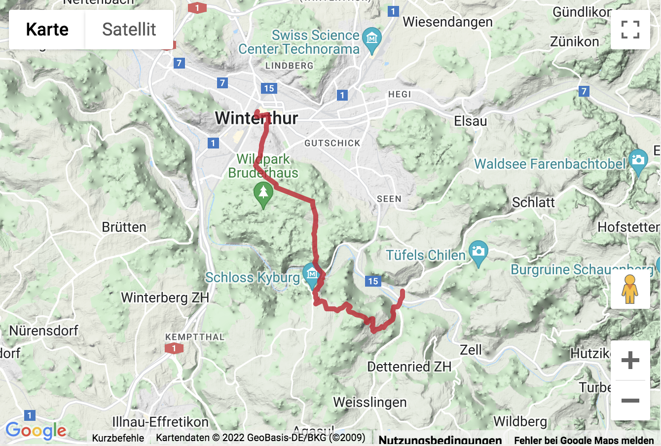 Übersichtskarte Randonnée depuis Tösstal, en passant par Kyburg jusqu'à Winterthur