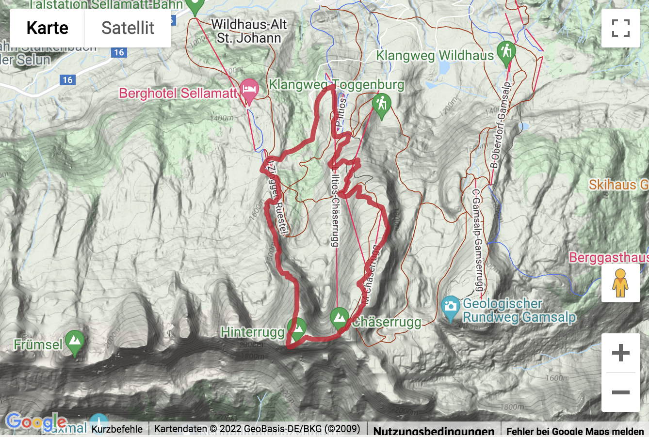 Übersichts-Routenkarte für die Gipfelwanderung zum Chäserrugg und zum Hinterrugg