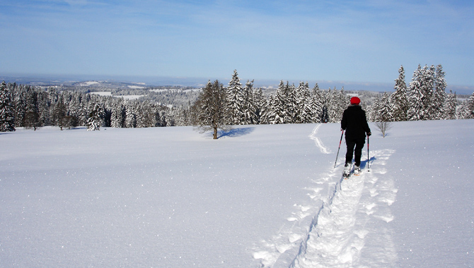 Schneeschuhwanderung auf dem Mont Soleil im Regionalen Naturpark Chasseral.