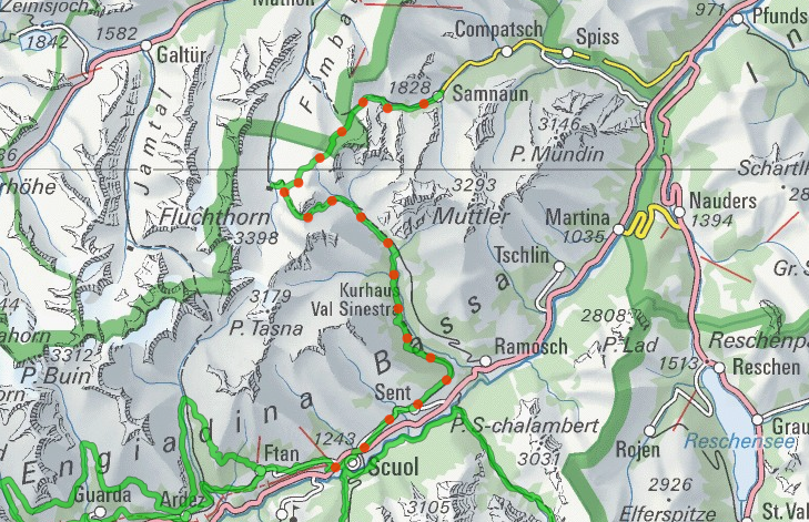 Routenverlauf Senda Scuol–Samnaun (Route 23)