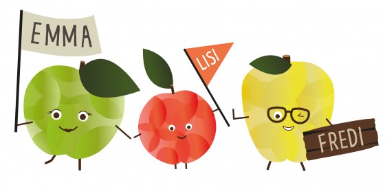 Für die drei Strecken des Apfelwegs stehen jeweils Apfelmaskottchen Pate: Emma, Lisi und Fredi (Bildquelle: © www.apfelweg.ch).