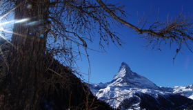 Winterwandern mit stetem Blick aufs Matterhorn.