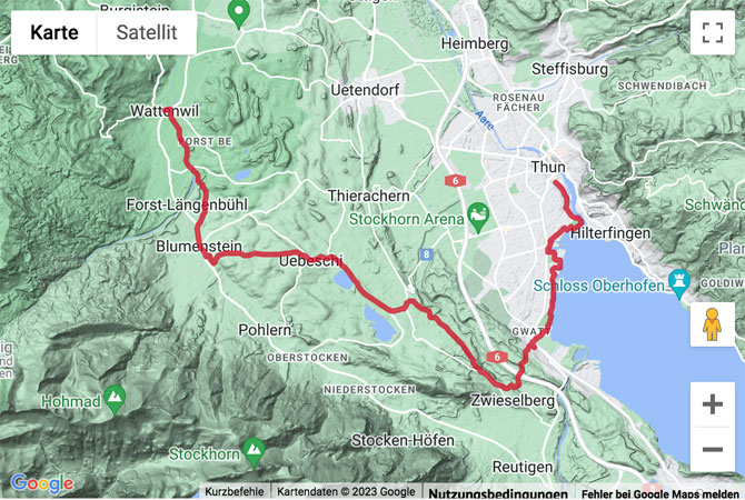 Übersichts-Routenkarte für die Wanderung von Thun nach Wattenwil