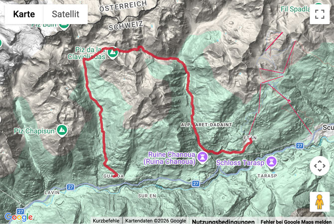Routenskizze zur Wanderung von Guarda nach Ftan