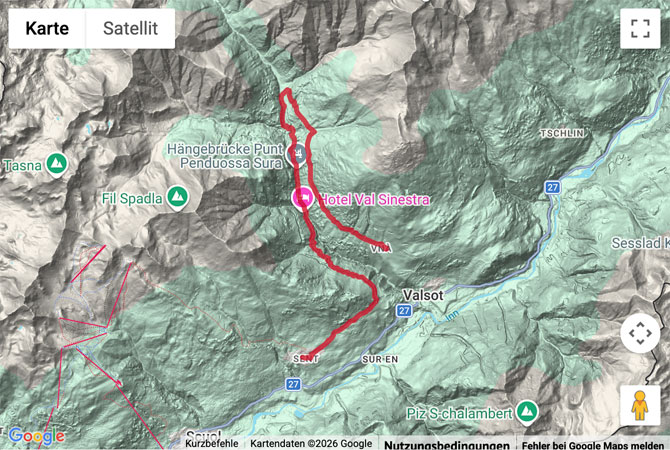 Routenskizze zur Hängebrückenweg Sent – Val Sinestra – Zuort – Vnà