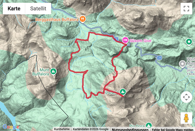 Routenskizze zur Gipfelwanderung zum Piz Daint