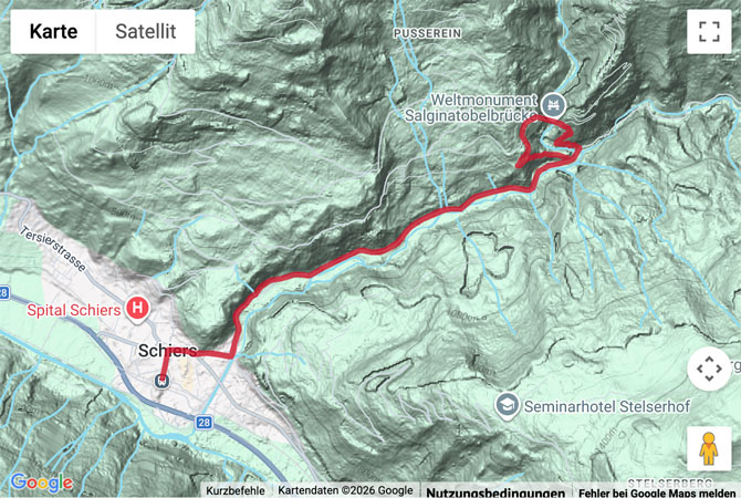 Routenskizze zur Wanderung von Schiers zur Salginatobelbrücke