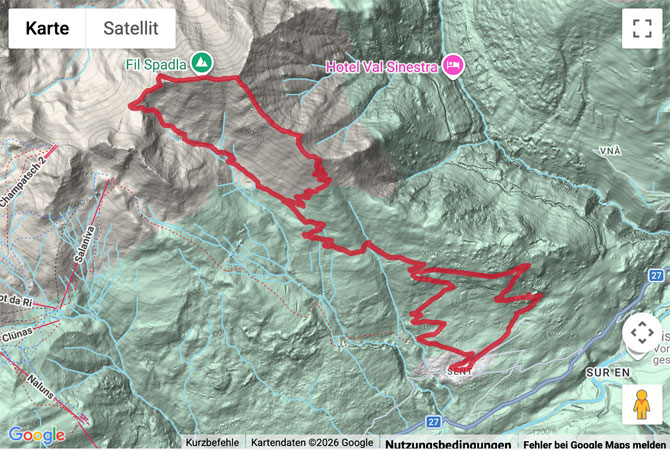 Routenskizze zur Bergwanderung zum Piz Spadla