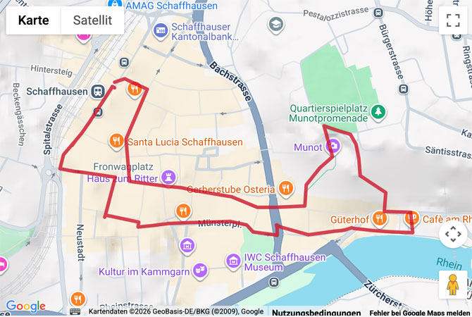 Routenskizze zur Stadtwanderung in der Munotstadt Schaffhausen