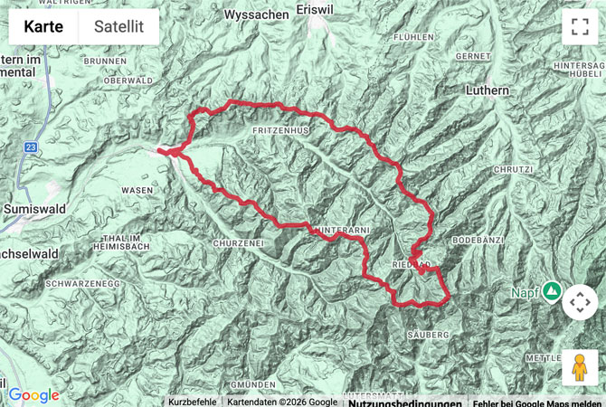 Routenskizze zur Rundwanderung Wasen im Emmental zum Hochänzi