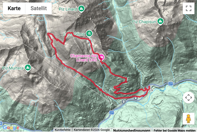 Routenskizze zur Bergwanderung zur Linardhütte SAC