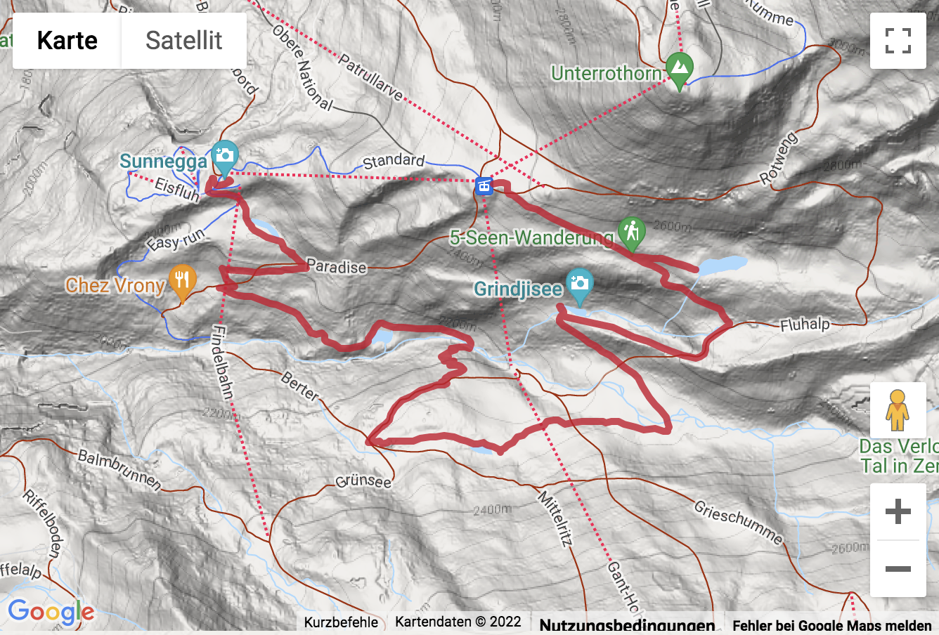 Übersichtskarte Wanderung Fünf Seen Weg in Zermatt