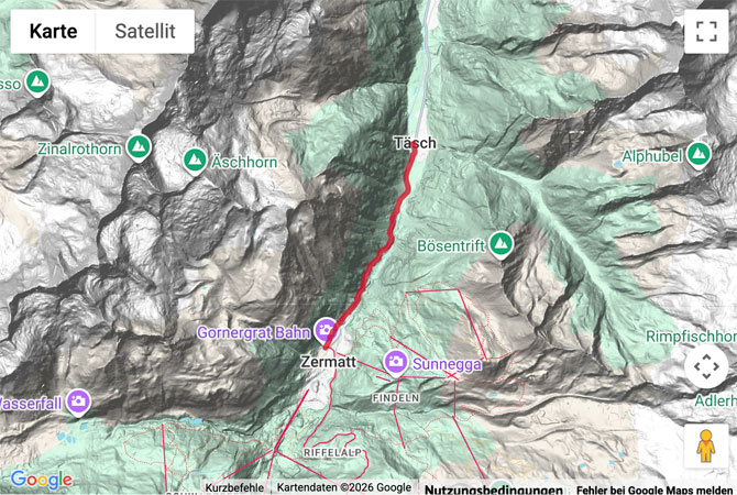 Routenskizze zur Bahnweg Täsch - Zermatt