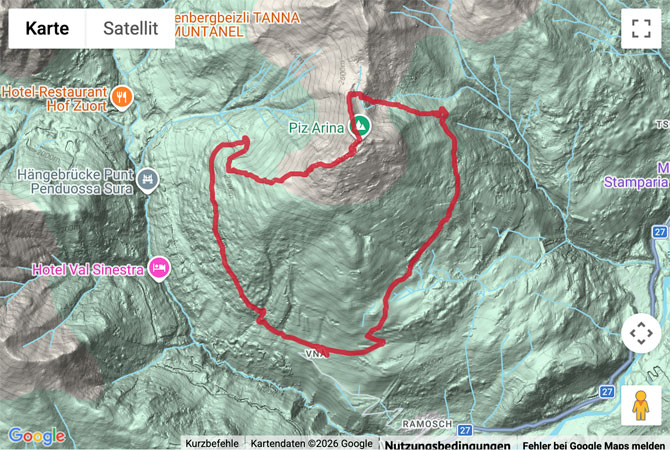 Routenskizze zur Gipfelwanderung zum Piz Arina