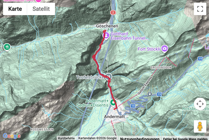 Routenskizze zur Wanderung durch die Schöllenenschlucht