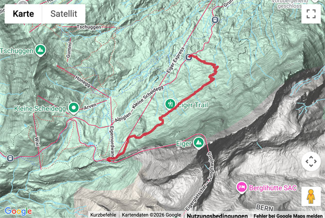 Routenskizze zur Wanderung auf dem Eigertrail hoch über Grindelwald
