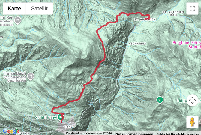 Routenskizze zur Winterwanderung von St. Antönien nach Pany