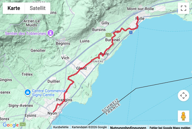 Routenskizze zur Wanderung von Rolle nach Nyon