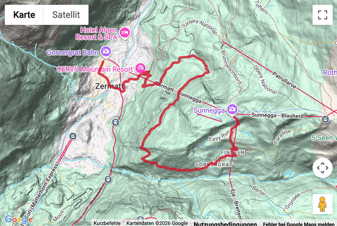 Routenskizze zur Winterwanderung von Zermatt hinauf nach Sunnegga