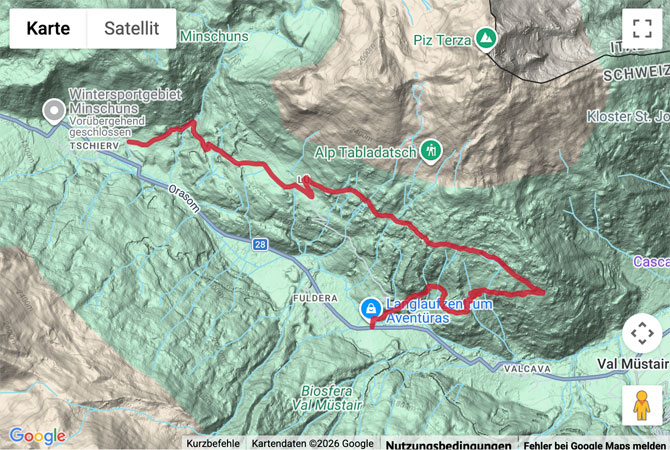 Routenskizze zur Winterwanderung mit Blicken ins Val Müstair