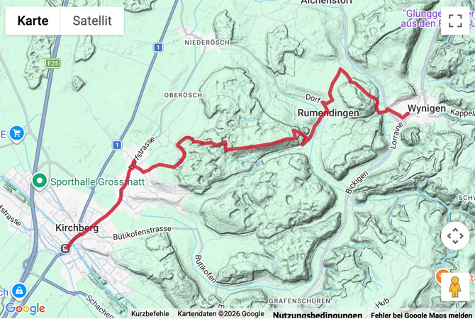 Routenskizze zur Wanderung von Kirchberg nach Wynigen