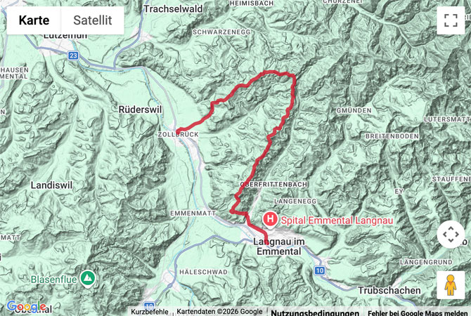 Routenskizze zur Wanderung von Langnau durch den Dürsrütiwald nach Zollbrück