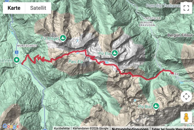 Routenskizze zur Drei-Pässewanderung im Parc Ela