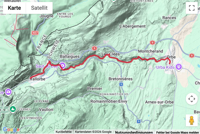 Routenskizze zur Wanderung durch die Gorges de l'Orbe