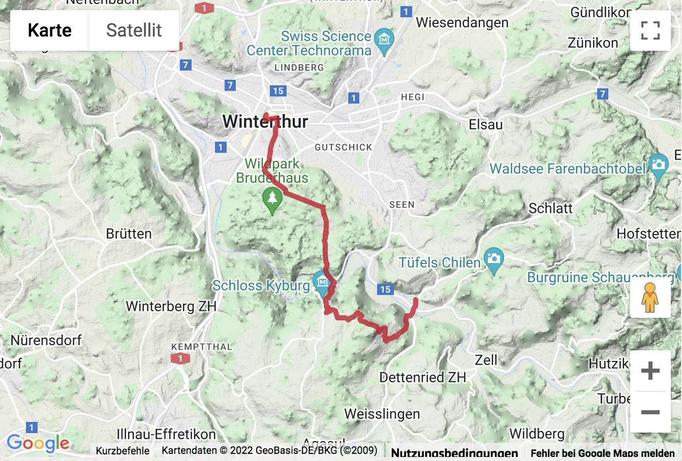 Übersichts-Routenkarte für die Wanderung vom Tösstal über Kyburg nach Winterthur