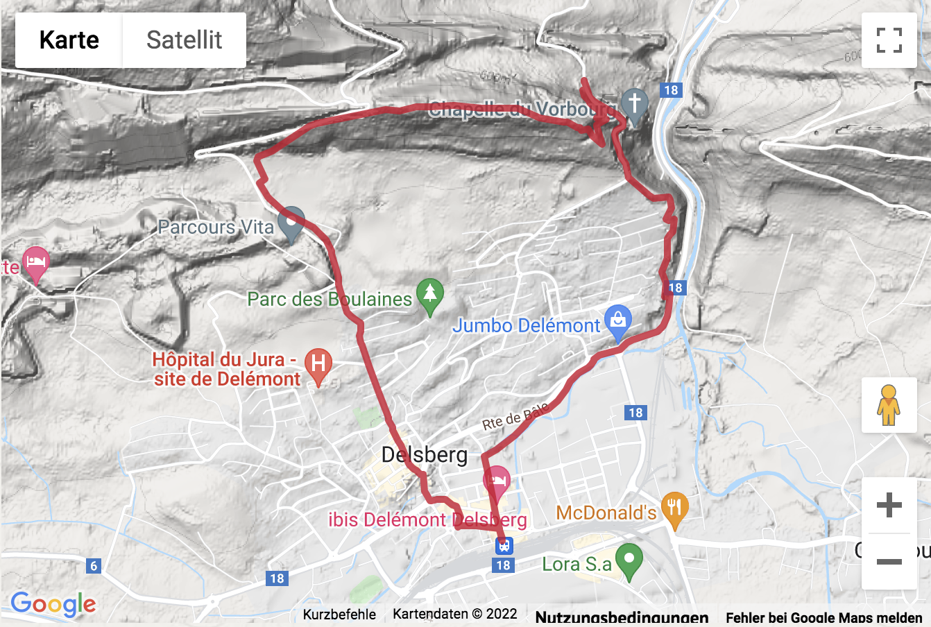 Carte de situation Wanderung von Delémont hinauf zur Vorbourg