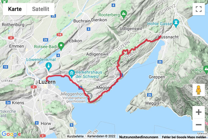 Übersichts-Routenkarte für die Wanderung von Küssnacht am Rigi nach Luzern