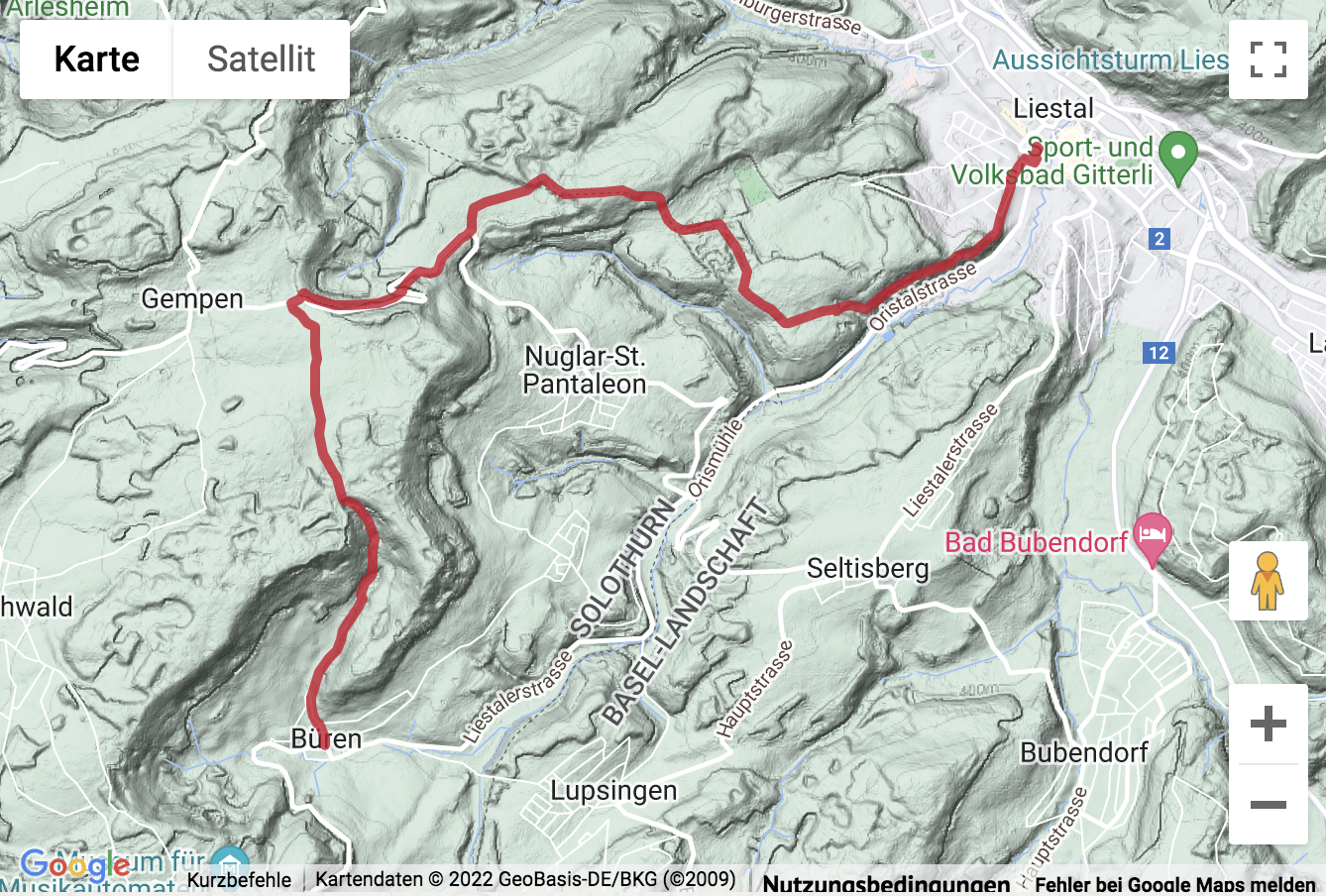 Übersichts-Routenkarte für die Wanderung durchs Schwarzbubenland nach Liestal