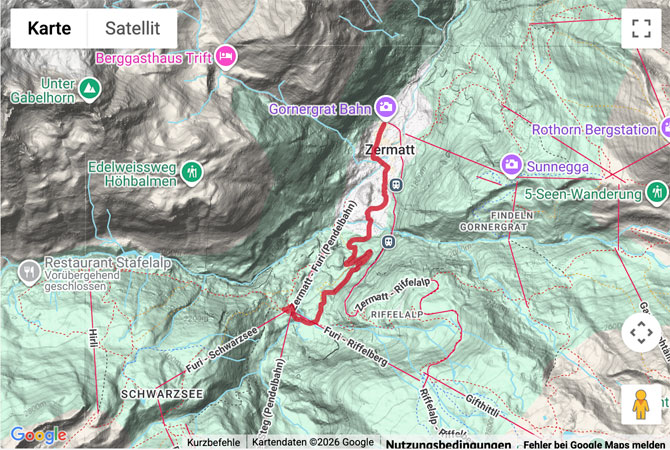 Routenskizze zur Wanderung auf dem Furiweg nach Zermatt
