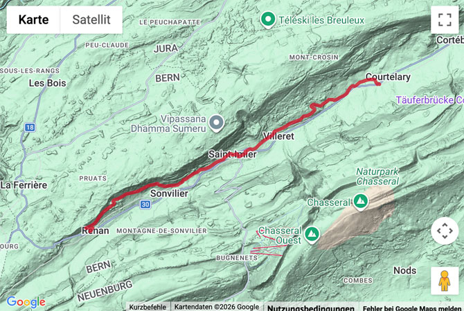 Routenskizze zur Talwanderung im Vallon de St-Imier
