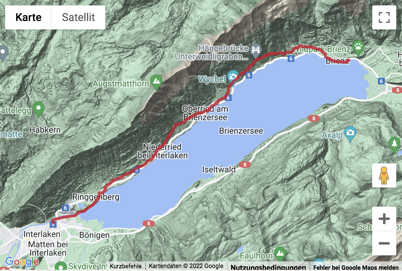 Übersichts-Routenkarte für die Wanderung von Brienz nach Interlaken Ost
