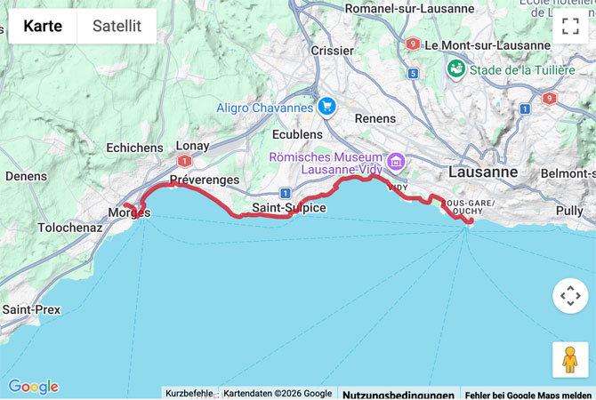Routenskizze zur Uferwanderung von Lausanne Ouchy nach Morges