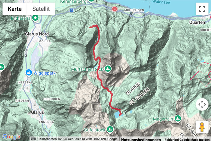 Routenskizze zur Bergwanderung von Filzbach zu den Murgseen