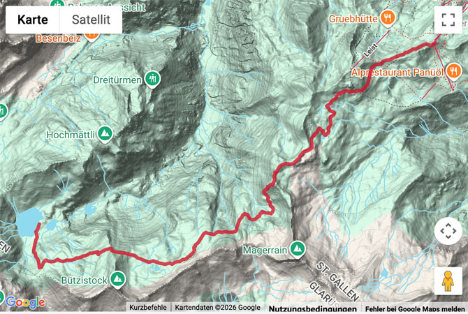 Routenskizze zur Bergwanderung von den Murgseen in die Flumserberge