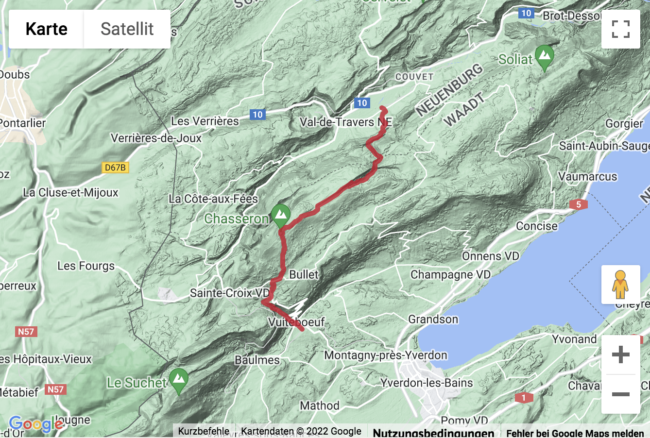 Übersichtskarte Wanderung von Môtiers durch zwei Jura-Schluchten