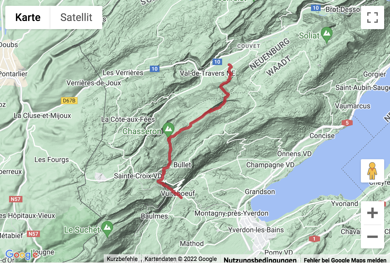 Carte de situation Wanderung von Môtiers durch zwei Jura-Schluchten