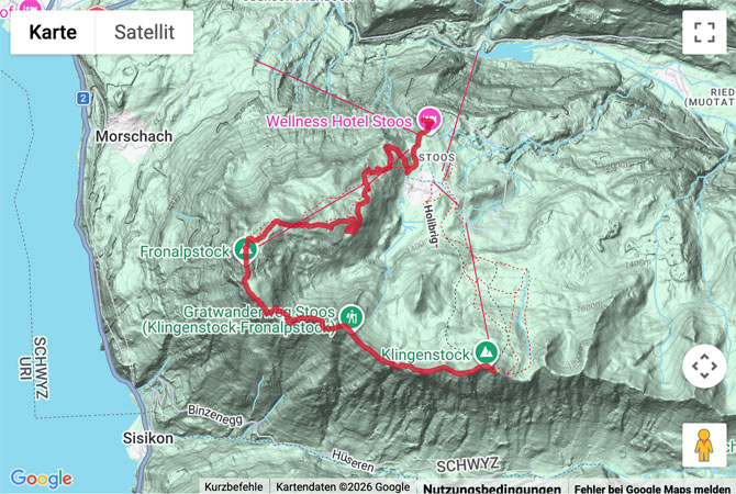 Routenskizze zur Panoramawanderung über den Fronalpstock zum Klingenstock