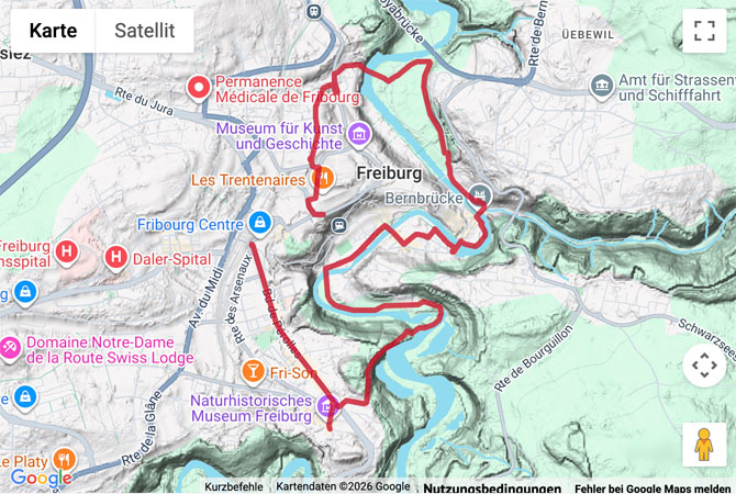 Routenskizze zur Auf dem WWF-Parcours die Stadt Fribourg erleben