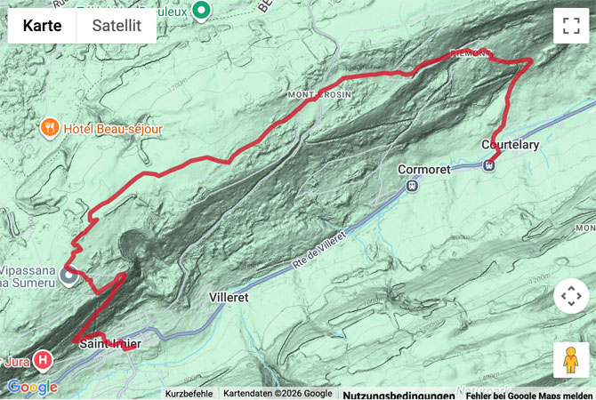 Routenskizze zur Wanderung zum Windpark auf dem Mont Crosin