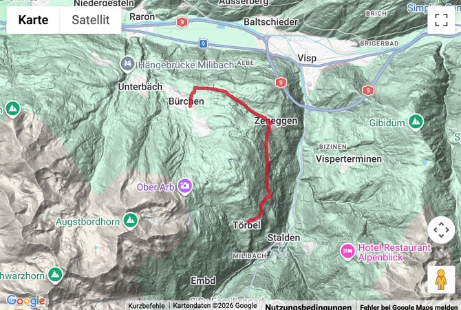 Routenskizze zur Höhenwanderung von Bürchen nach Törbel