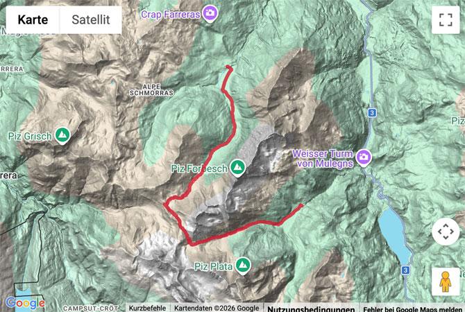 Routenskizze zur Bergwanderung von Radons ins Val Faller