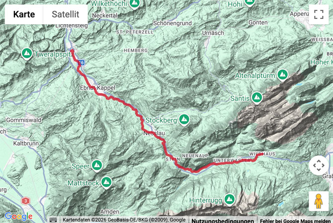 Routenskizze zur Wanderung auf dem Thurweg von Wildhaus nach Wattwil