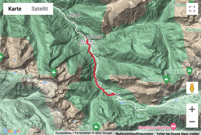 Übersichts-Routenkarte für die Wanderung auf dem Bahnerlebnisweg Albula