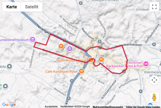 Routenskizze zur Ortsrundgang durch die Altstadt von Schwyz