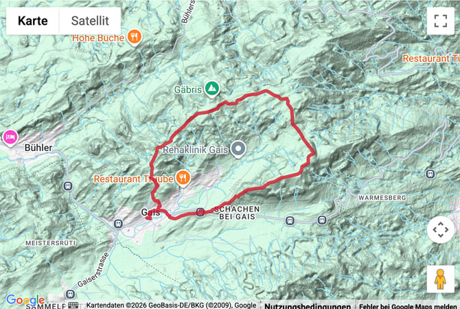 Routenskizze zur Rundwanderung von Gais über den Gäbris